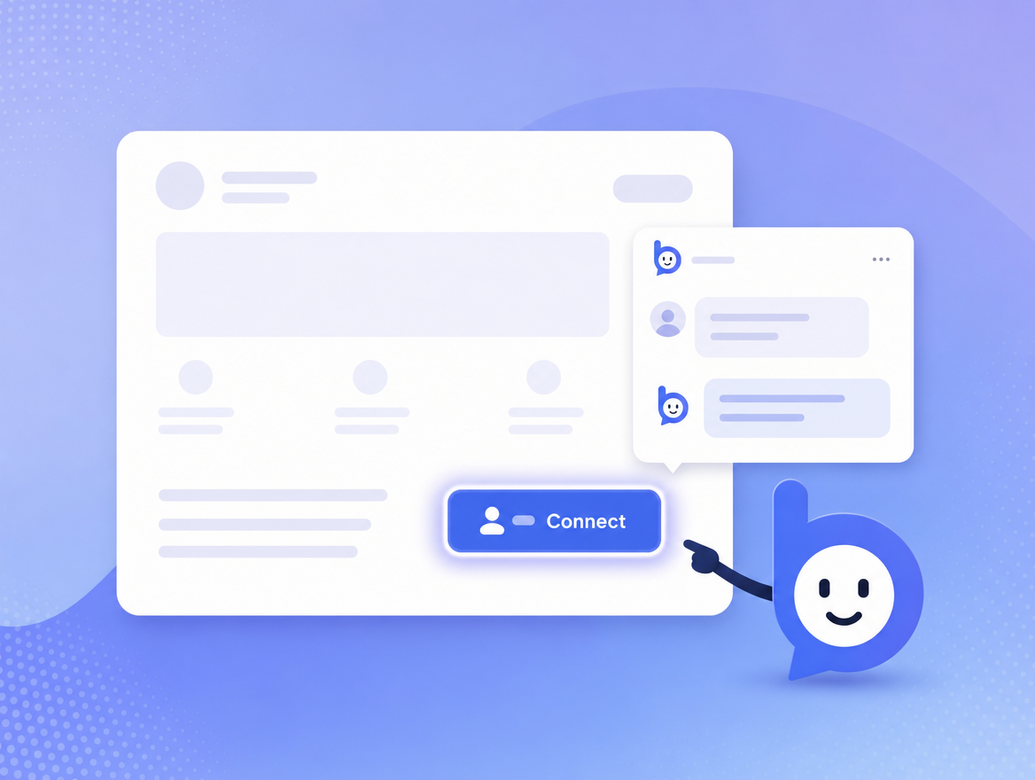 The Bruno mascot pointing at a highlighted Connect button on a webpage, with a chat panel showing the conversation.